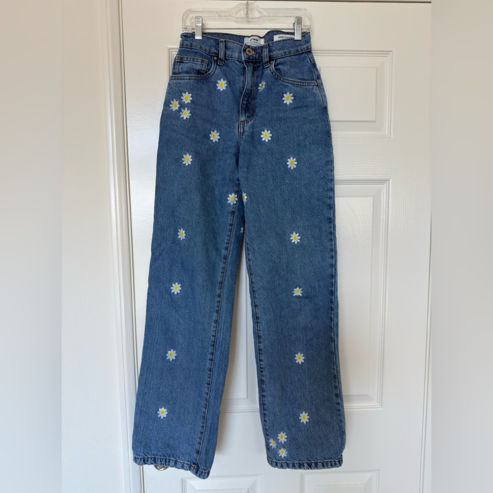 Cotton On Floral Daisy Embroidered Loose Straight Jeans Size 2